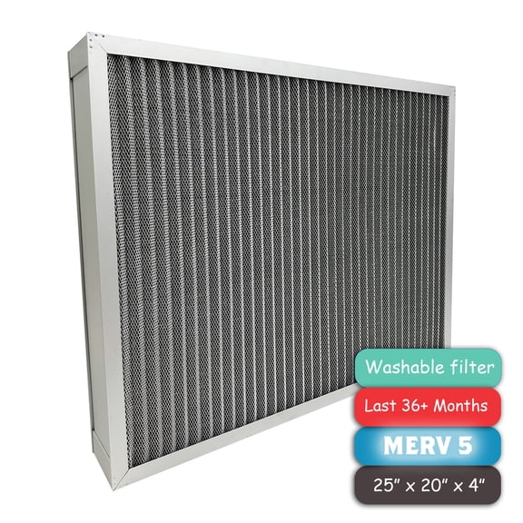 Washable Air Filter(25" x 20" x 4" MERV 5), Aluminum Electrostatic Air Filter for Furnace and Central Air Conditioner (Actual Size: 24.7" x 19.7" x 3.6")