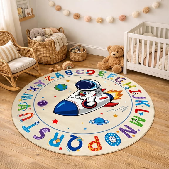 Washable Alphabet ABC Round Rug 3.14ft, Kids Astronaut Space Circle Carpet, Soft Non-Slip Educational Area Rug for Classroom, Playroom & Kids Room Decor, Blue