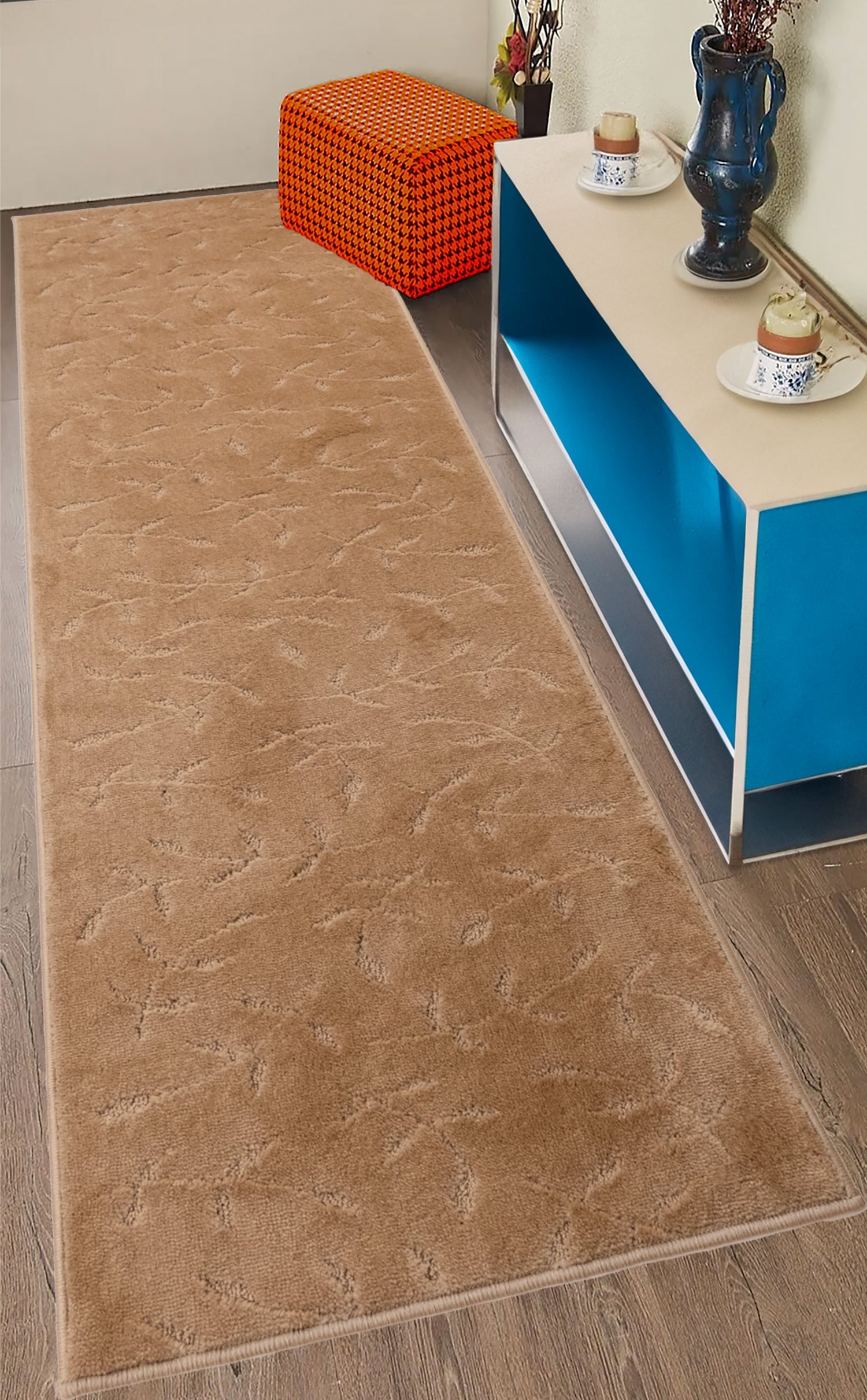 Washable Anti Slip Soft Medium Pile Leaves Beige Design Runner Rug for ...