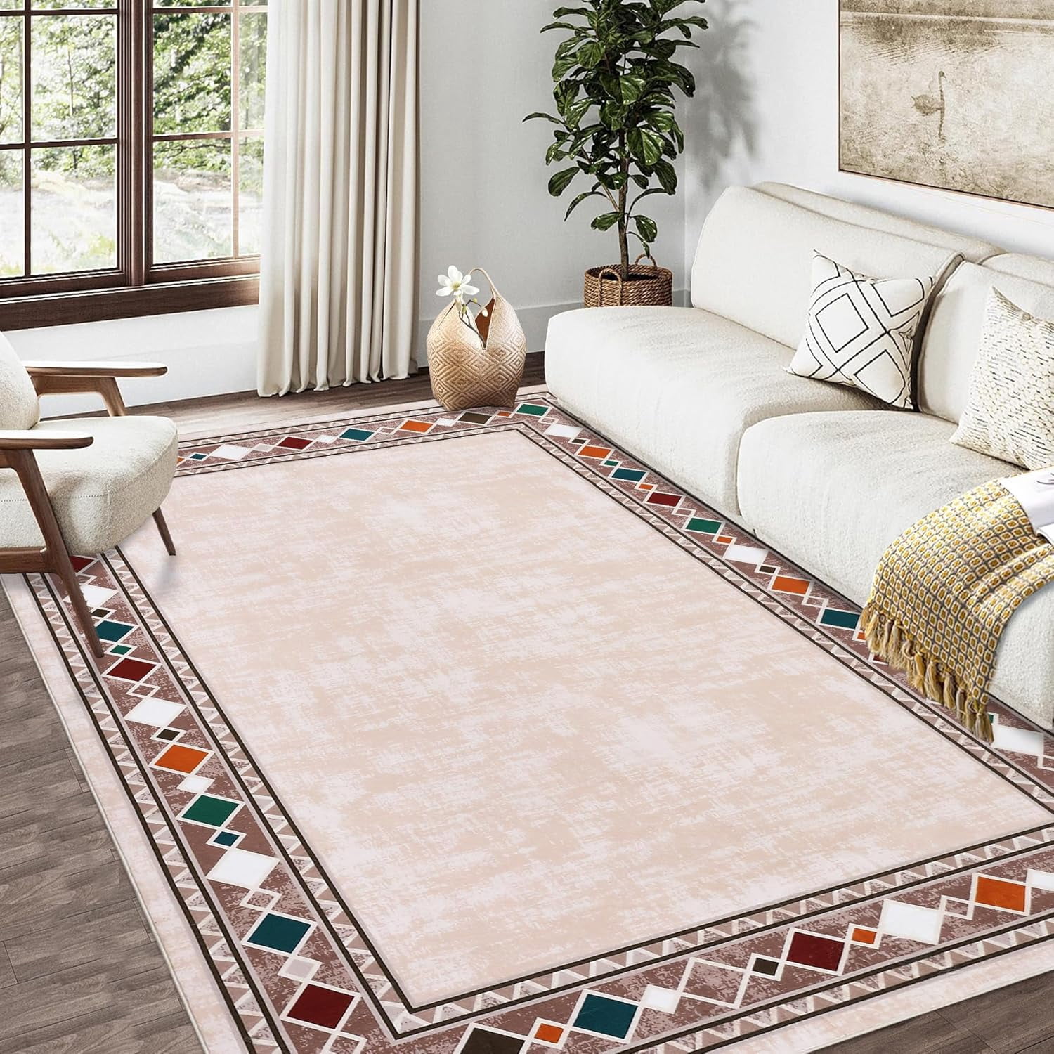 Washable Area Rug 10x13 Rug for Living Room Vintage Rugs for Bedroom Bordered Large Area Rug Non Slip Throw Rugs Stain Resistant Carpet for Nursery Dining Room Office Rug 10'x13' Beige
