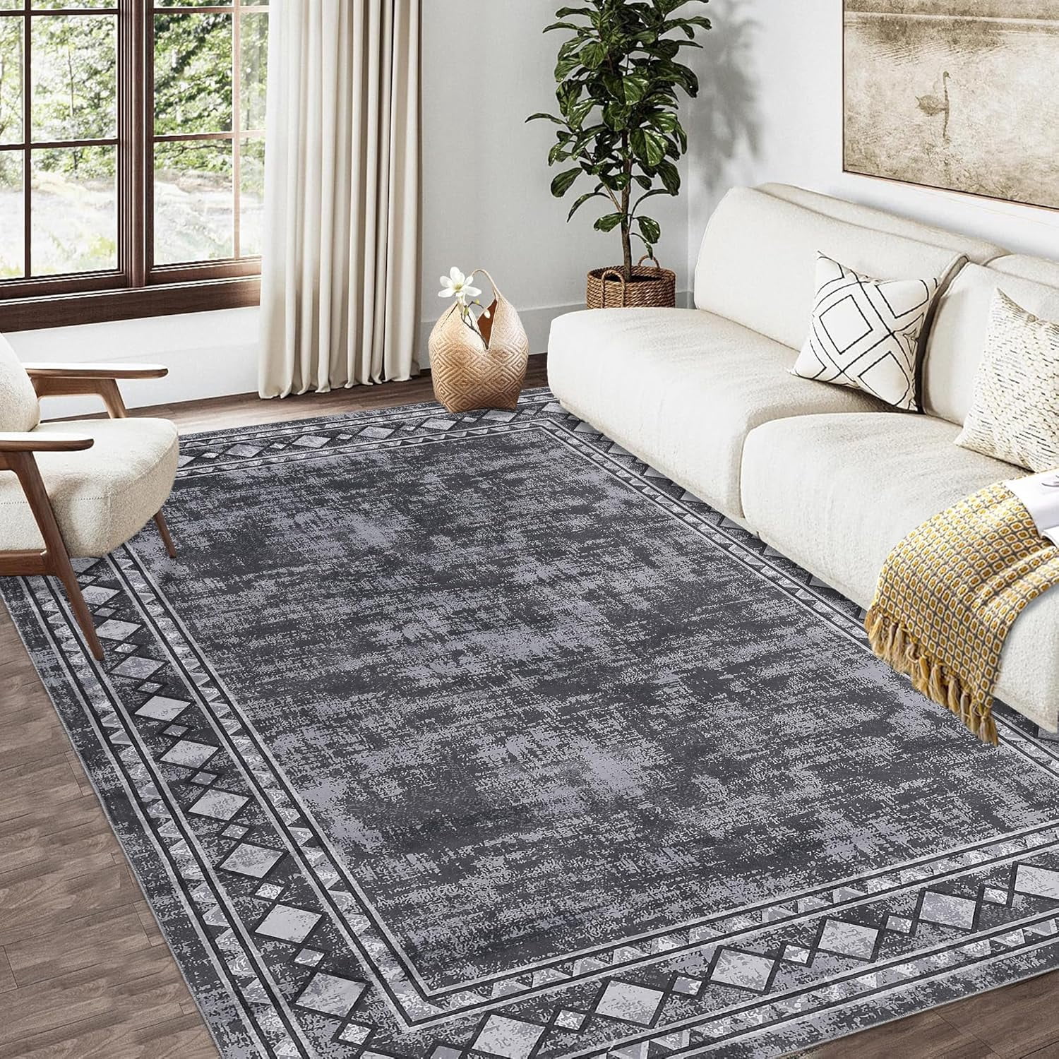 Washable Area Rug 10x13 Rug for Living Room Vintage Rugs for Bedroom Bordered Large Area Rug Non Slip Throw Rugs Stain Resistant Carpet for Nursery Dining Room Office Rug 10'x13' Grey