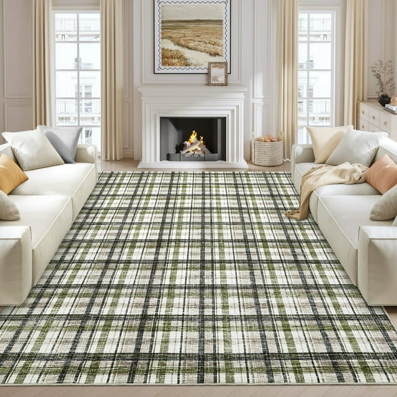 Washable Area Rug 10x13ft Plaid Farmhouse Indoor Carpet, Non-Slip Backing, Ultra Soft Low Pile for Living Room & Bedroom