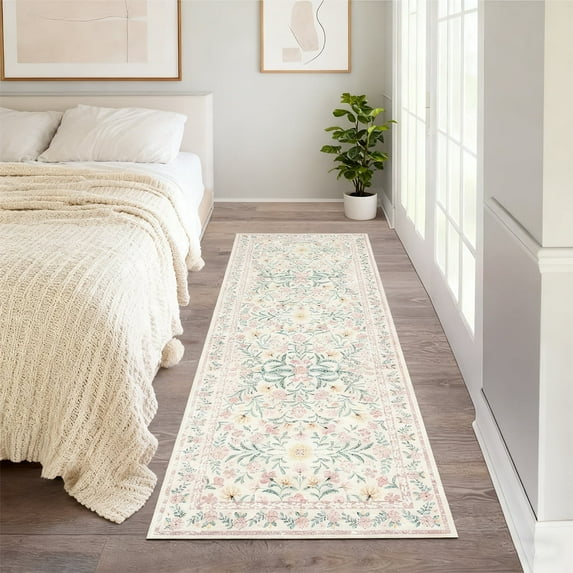 Washable Area Rug 2'x6', Soft Floral Bedroom Rug, Bohemian Non-slip Living Room Rug, Pink Floral