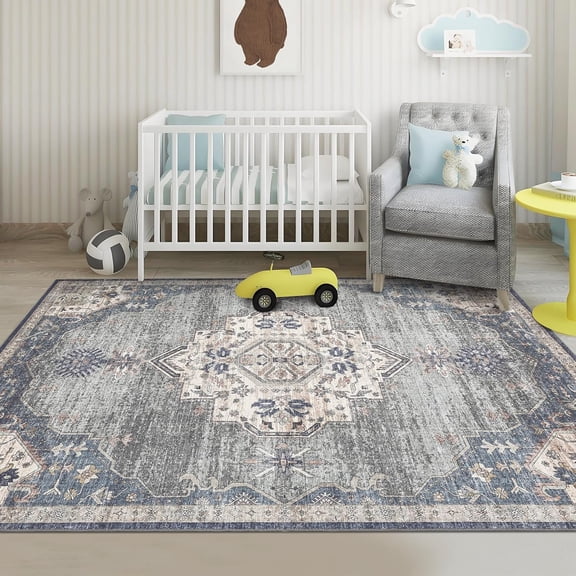 Washable Area Rug, 2ft*6ft/5ft*7ft/8ft*10ft/9ft*12ft Rugs for Living Room Vintage Medallion Distressed Rug Low Pile Indoor Floor Cover Retro Accent Throw Rug for Bedroom Dining Room