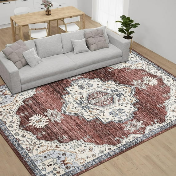 Washable Area Rug, 2ft*6ft/5ft*7ft/8ft*10ft/9ft*12ft Rugs for Living Room Vintage Medallion Distressed Rug Low Pile Indoor Floor Cover Retro Accent Throw Rug for Bedroom Dining Room