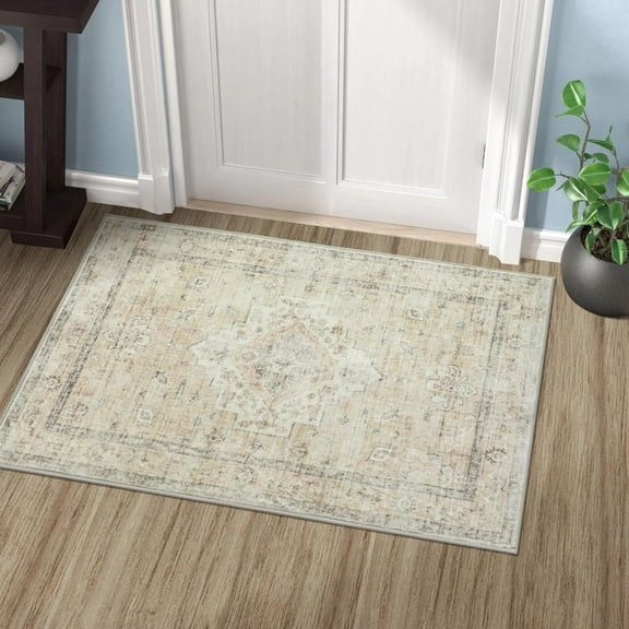 Washable Area Rug 2x3 - Farmhouse Indoor Entry Rug Mat Boho Low-Pile Small Neutral Rug Front Door Rug, Floral Door Mat Carpet Non-Slip Farmhouse Rug for Entryway Bathroom, Tan Beige