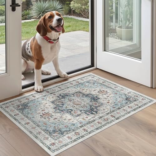 Washable Area Rug 2x3, Small Entryway Rug Non-Slip Vintage Door Mat Indoor Entrance, Low Pile Floor Carpet for Inside Front Door Bedroom Kitchen Entry Laundry (2'x3', Blue)