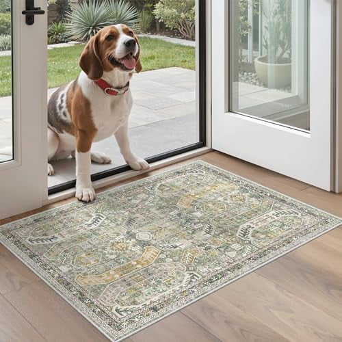 Washable Area Rug 2x3, Small Entryway Rug Non-Slip Vintage Door Mat Indoor Entrance, Low Pile Floor Carpet for Inside Front Door Bedroom Kitchen Entry Laundry (2'x3', Green/Gold)
