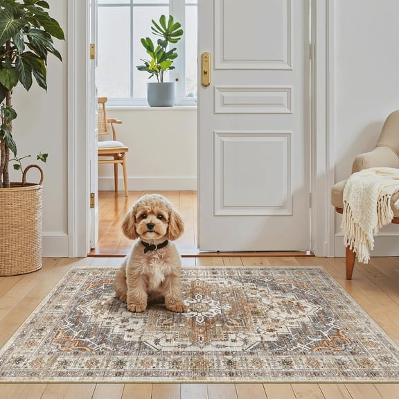 Washable Area Rug 2x3, Small Entryway Rug Non-Slip Vintage Door Mat Indoor Entrance, Low Pile Floor Carpet for Inside Front Door Bedroom Kitchen Entry Laundry (2'x3', Turmeric/Grey)