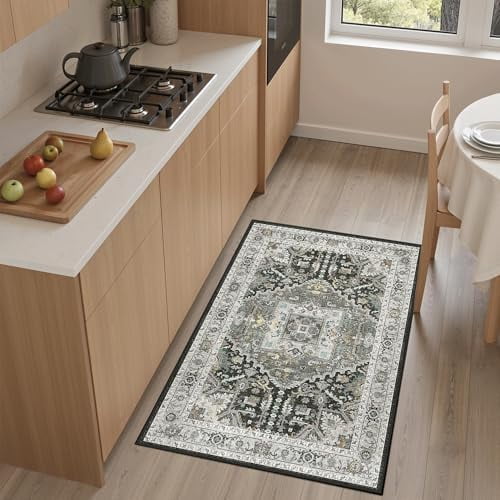 Washable Area Rug 2x3, Small Entryway Rug Non-Slip Vintage Door Mat Indoor Entrance, Low Pile Floor Carpet for Inside Front Door Kitchen Entry (2'x3', Grey Green/Black Olive)