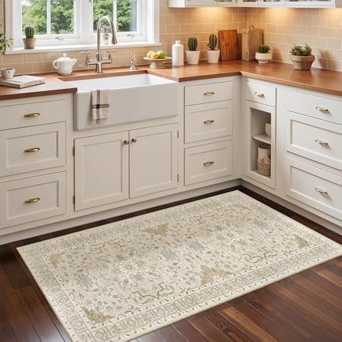 Washable Area Rug 2x4, Small Entryway Rug Non-Slip Vintage Door Mat Indoor Entrance, Low Pile Floor Carpet Runner for Inside Front Door Kitchen Entry Laundry, Beige/Blue