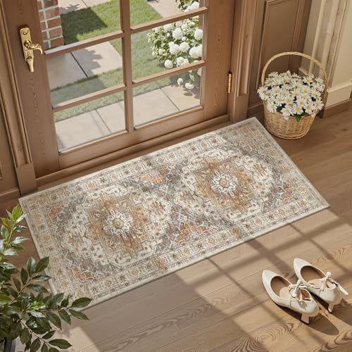 Washable Area Rug 2x4, Small Entryway Rug Non-Slip Vintage Door Mat Indoor Entrance, Low Pile Floor Carpet Runner for Inside Front Door Kitchen Entry Laundry, Turmeric/Grey