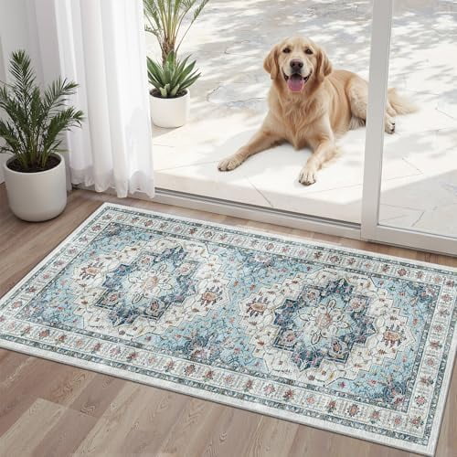 Washable Area Rug 2x4, Small Entryway Rug Non-Slip Vintage Door Mat Indoor Entrance, Low Pile Floor Carpet Runner for Inside Front Door Kitchen Entry Laundry, Blue