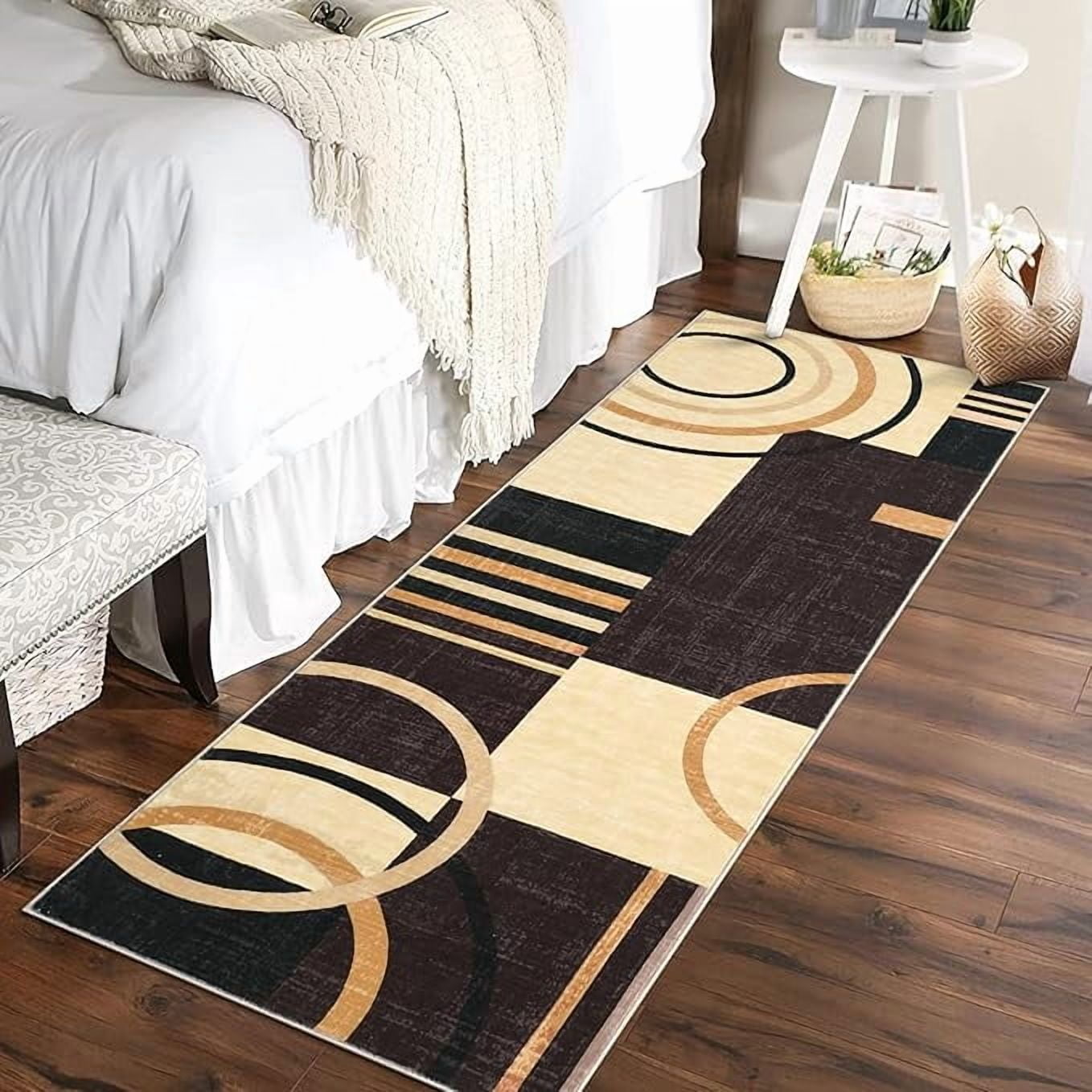 Washable Area Rug 2x6 Abstract Circles Non Slip Contemporary Stain Resistant Soft Low Pile Accent Rug for Indoor Dining Room, Brown