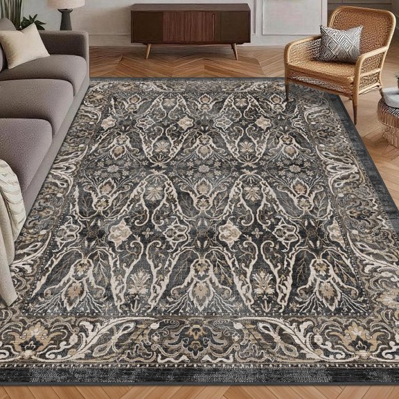 Washable Area Rug 3' X 5 ' Vinttraditional Persian Mat - Foldable Distressed Non-sliphine Carpet For Living Room Bedroom Kitchen Home Decor Ebony And Taupe