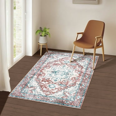 Washable Area Rug 3x5 Rugs for Living Room Retro Flowers Machine Non-Slip Bedroom Rug Vintage Trellis Throw Rug Distressed Carpet for Dining Room Office Carpet