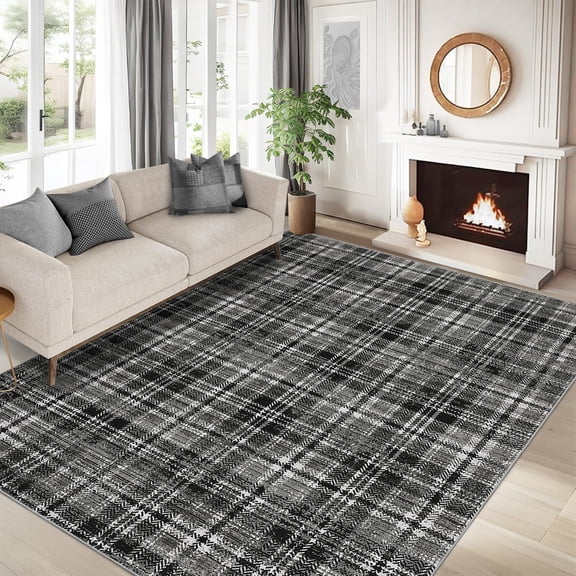 Washable Area Rug 3x5ft, Modern Tartan Plaid Non-Slip Low Pile Rug, Machine Washable Soft Stain Resistant Doormat for Bathroom