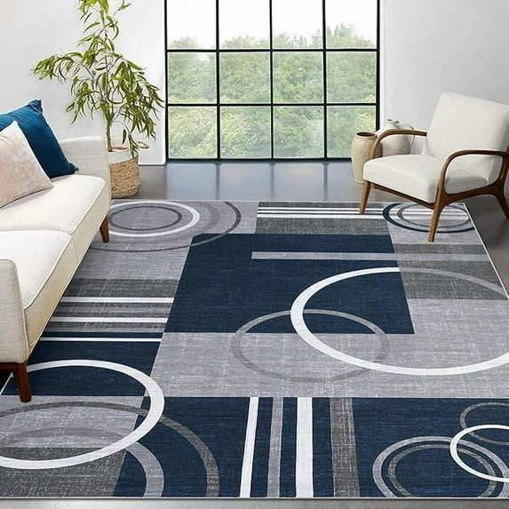 Washable Area Rug 4x6 Abstract Circles Non Slip Contemporary Soft Low Pile Accent Rug for Indoor Living Dining Room, Navy