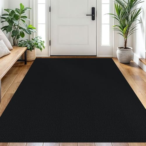 Washable Area Rug 4x6 Ft Non Slip Rugs for Entryway Braided Rubber Backed Bedroom Carpet Cotton Entry Rug Woven Floor Carpets for Bedroom Dining Room Living Room, Black