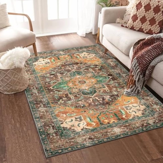 Washable Area Rug, 4x6 Non-Slip Boho Vintage Living Room Bedroom Rug with Rubber Backing, Low Pile Faux Wool Soft Distressed Rug Floor Carpet for Living Room, Laundry, Kids Playroom