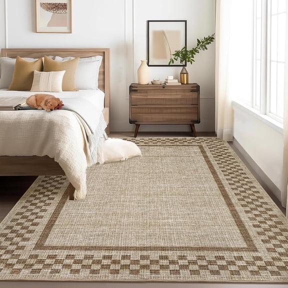 Washable Area Rug 4x6 Small Living Room Rugs Modern Bordered Soft Dining Room Throw Carpet Low Pile Non Slip Checkered Bedroom Rug Geometric Carpet for Nursery Kitchen Home Office, Taupe