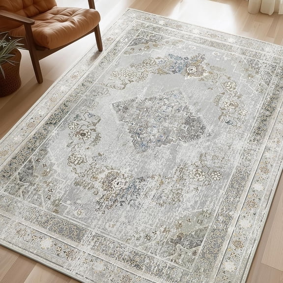 Washable Area Rug 5'x7', Non-Slip, Vintage Neutral Rugs for Living Room, Bedroom, Dining Room, Distressed Boho Medallion Pattern, Low-Pile Foldable Floor Carpet, Silver Grey / Taupe
