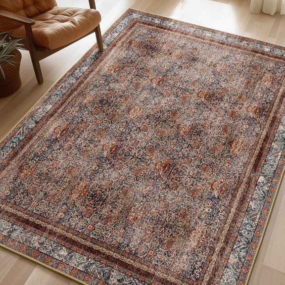 Washable Area Rug 5'x7' Non-Slip, Vintage Neutral Xmas Rugs for Living Room, Bedroom, Dining Room, Distressed Boho Floral Medallion Pattern, Low-Pile Foldable Floor Carpet, Brick Red/Black