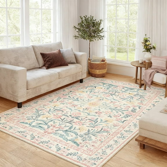 Washable Area Rug 5'x7', Soft Floral Bedroom Rug, Bohemian Non-slip Living Room Rug, Pink Floral