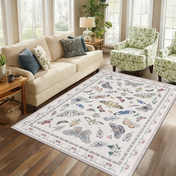 Washable Area Rug 5'x7', Non Slip Washable Rug for Living Room, Animal Butterfly Print Indoor Soft Carpet for Bedroom, Dining Room