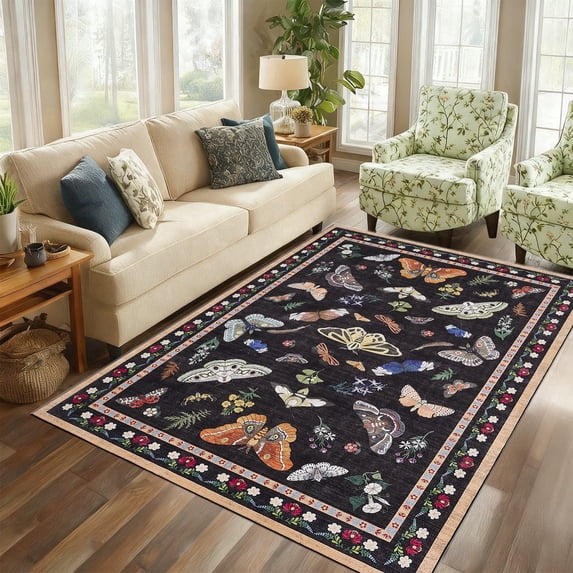 Washable Area Rug 5'x7', Non Slip Washable Rug for Living Room, Animal Butterfly Print Indoor Soft Carpet for Bedroom, Dining Room