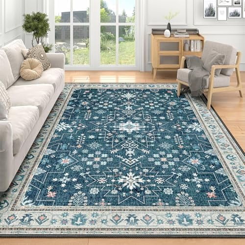 Washable Area Rug 5x7,Boho Rug for Living Room Bedroom Office Dining Room,Large Throw Carpet,Non Slip Indoor Floor Big Vintage Low Pile Blue