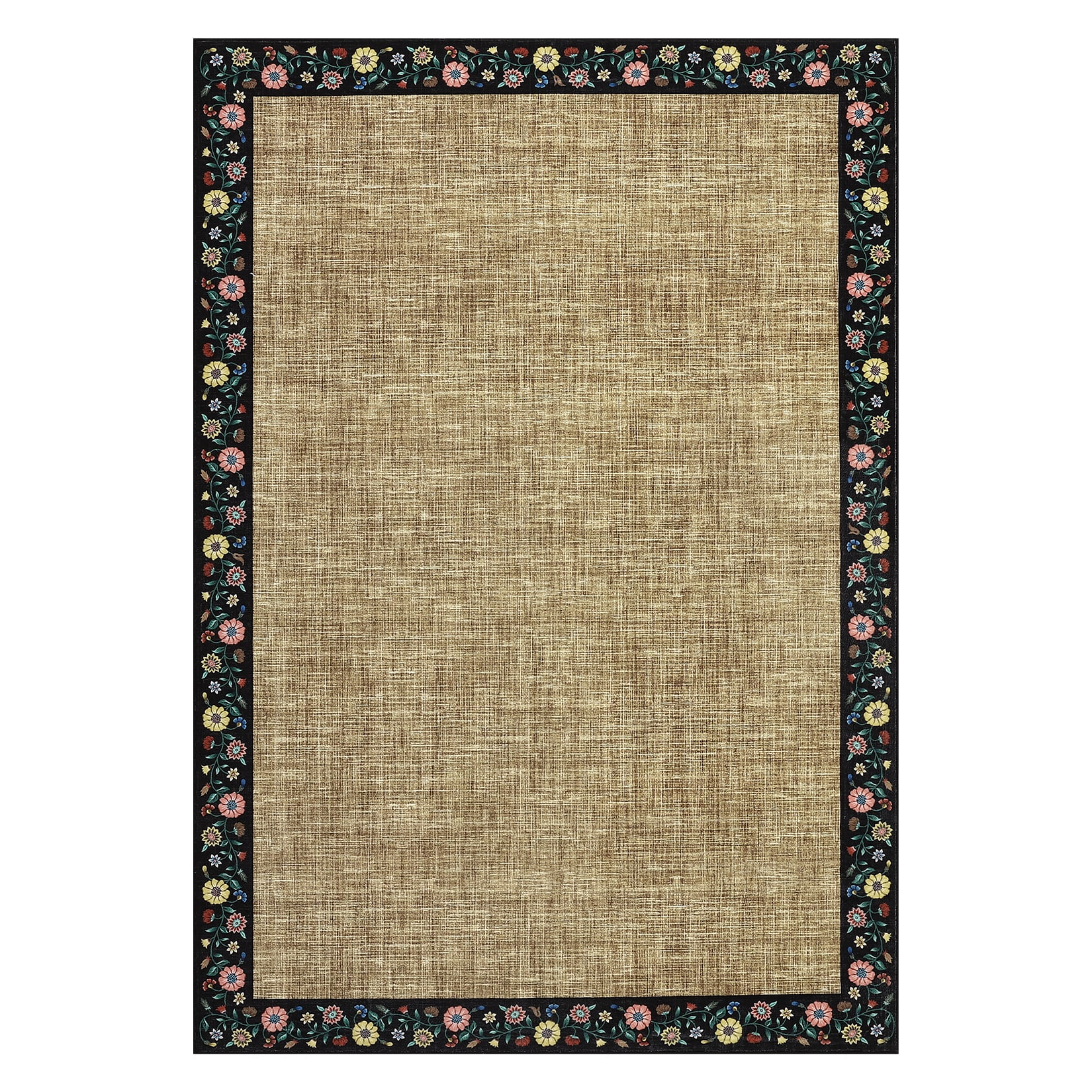 Washable Area Rug 5x7 – Farmhouse Floral Non-Slip Carpet for Living Room, Low Pile Indoor Mat with TPR Backing, Foldable Rug for Home Office, Yellow