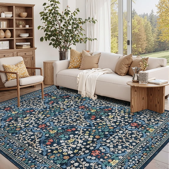 Washable Area Rug 5x7 Floral Print Living Room Rugs Soft Non Slip Botanical Carpet Bedroom Indoor Farmhouse Low Pile Floor Cover for Dining Room Modern Home Decor Rug for Office Apartment, Blue