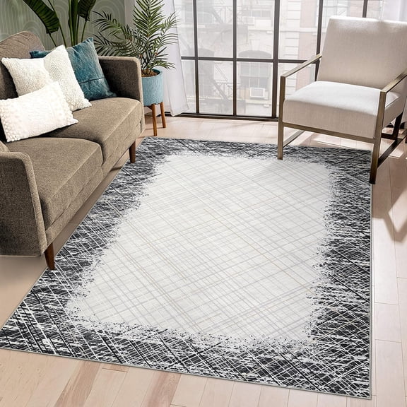 Washable Area Rug 5x7 Large Living Room Rug Non Slip Stain Resistant Floor Cover Modern Abstract Foldable Mat Low Pile Ultra Soft Carpet for Bedroom Apartment Dining Room, Gray