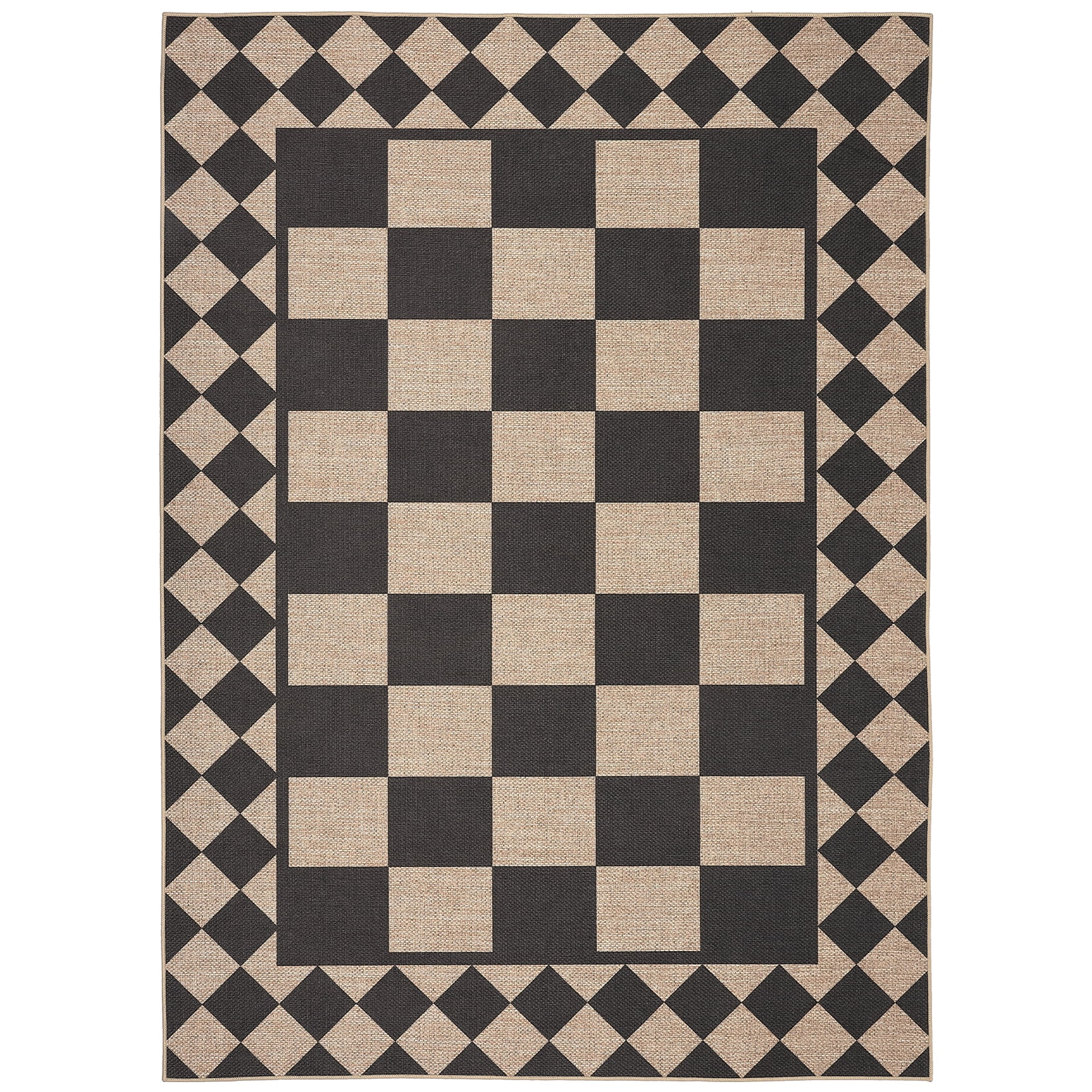 Washable Area Rug 5x7 Modern Checkered Easy Jute Rug, Non-Shedding Low Pile Indoor Outdoor Carpet, Contemporary Floor Mats, Easy Cleaning, for Bedroom, Backyard, Black White
