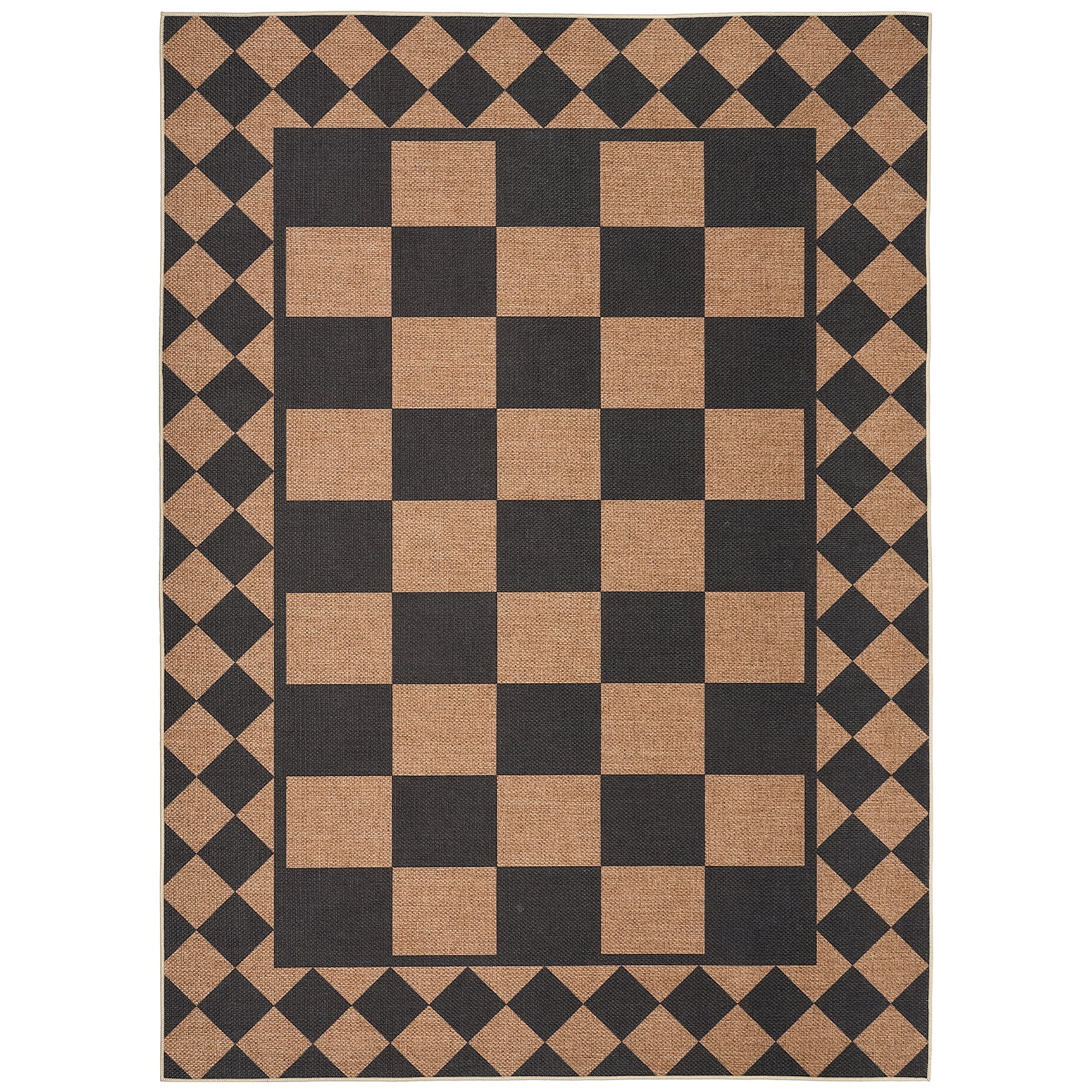 Washable Area Rug 5x7 Modern Checkered Easy Jute Rug, Non-Shedding Low Pile Indoor Outdoor Carpet, Contemporary Floor Mats, Easy Cleaning, for Bedroom, Backyard, Black Brown