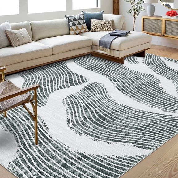 Washable Area Rug 5x7 Modern Wave Striped Rugs for Living Room Non-Slip Soft Area Rug for Bedroom Printed Abstract Carpet for Playroom Nursery Kid Room Dining Room, Grey