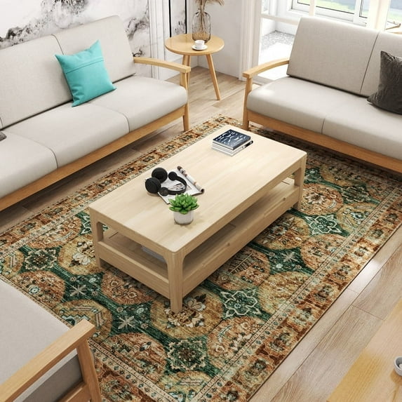 Washable Area Rug, 5x7 Non-Slip Boho Vintage Living Room Bedroom Rug with Rubber Backing, Low Pile Faux Wool Soft Distressed Rug Floor Carpet for Living Room, Laundry, Kids Playroom