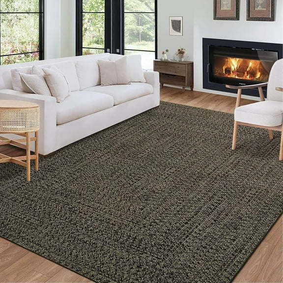 Washable Area Rug 5x7 Print Braided Machine Washable Rug Solid Printed Textured Carpet Rug Stain Resistant Non-Slip Accent Rug Farmhouse Floor Cover for Dining Bedroom Decor, Brown