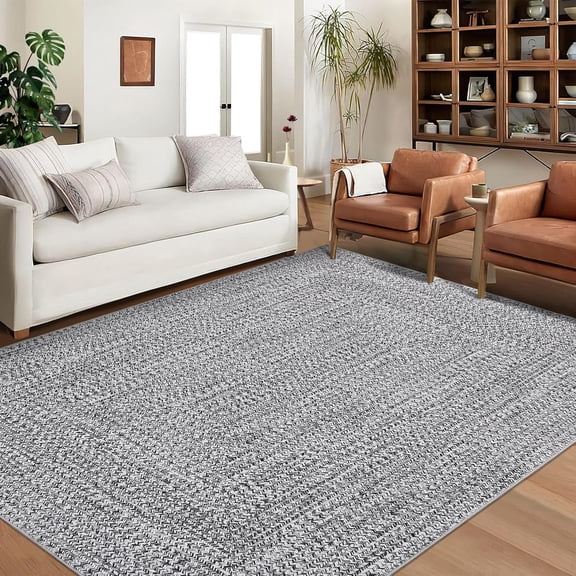 Washable Area Rug - 5x7 Print Braided Machine Washable Solid Printed Textured Carpet Stain Resistant Non-Slip Accent Rug for Dining Bedroom Decor, Grey