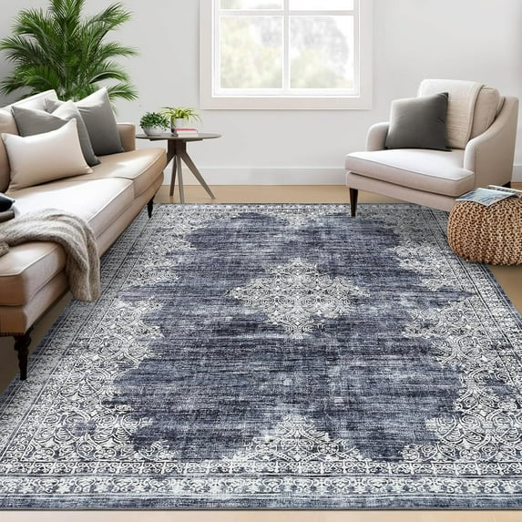 Washable Area Rug 5x7 Rug for Living Room Boho Vintage Rug for Bedroom Aesthetic Distressed Non Slip Throw Rugs Soft Low Pile Stain Resistant Carpet for Classroom Nursery 5'x7' Blue