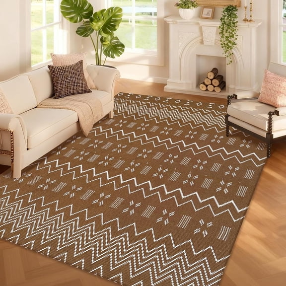 Washable Area Rug 5x7 ft,Rubber Backed Non Slip Faux Jute Rug for Office,Living Room and Bedroom Braided Rug,Indoor Floor Carpets for Dining Room,Farmhouse,Brown/White