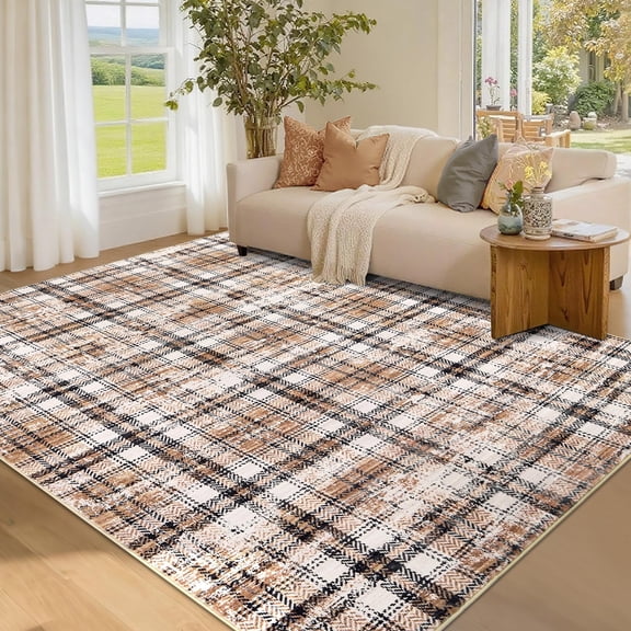 Washable Area Rug 5x7ft, Non-Slip Low Pile Plaid Rug, Soft Stain-Resistant Accent Carpet for Living Room, Bedroom, Entryway, Camel