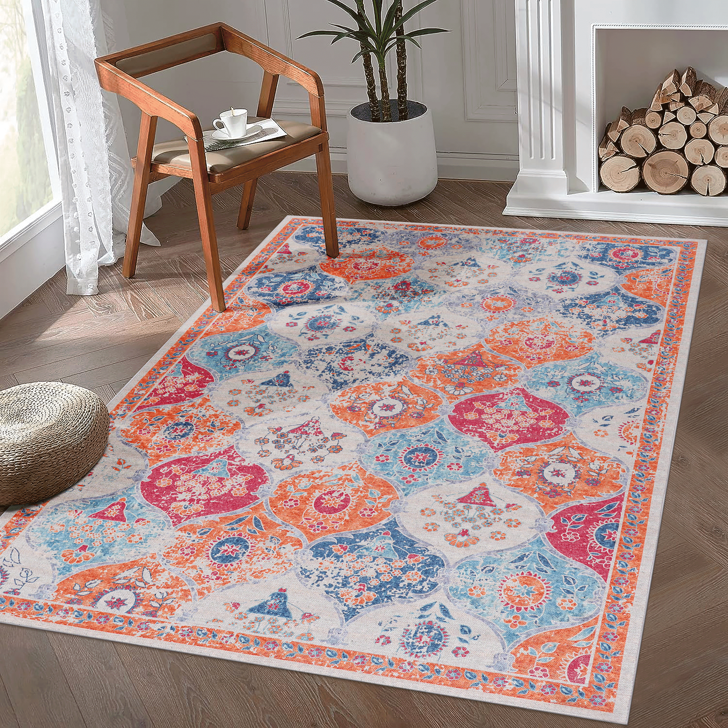 Washable Area Rug 5x8 Cream Low Pile Non Slip Non Shedding Soft Chenille Stain Resistant Kid Pet Friendly For Living Room Bedroom