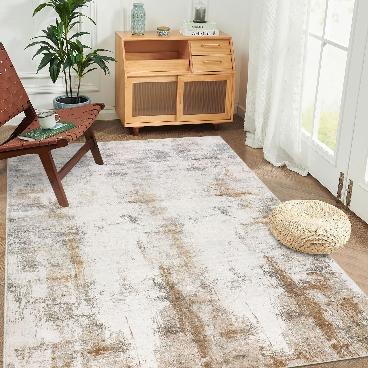 Washable Area Rug 6x9 Modern Living Room Rugs Low Pile Neutral Area Rug