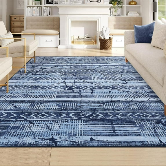 Washable Area Rug 8' x 10' Rugs, Ultra Thin Dining Room Rugs Bedroom Rug, Boho Distressed Farmhouse Accent Indoor Throw Rugs Floor Carpet for Living Room Bedroom, Blue