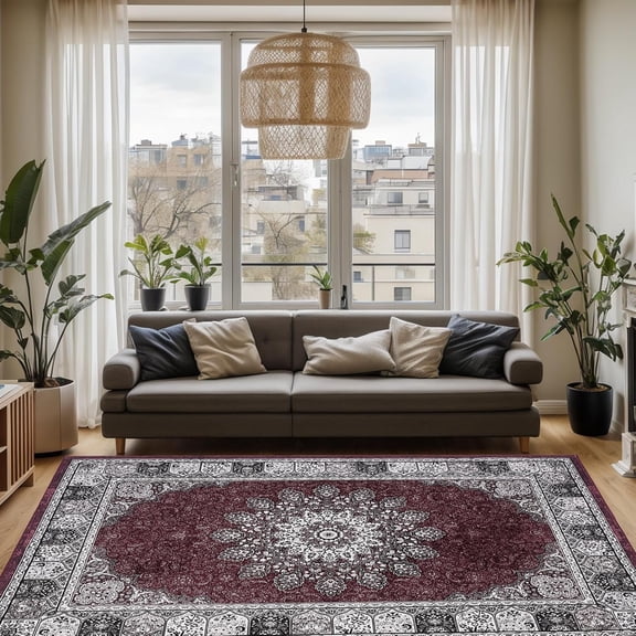 Washable Area Rug 8'x10', Red Rugs for Living Room, Vintage Area Rug for Bedroom, Distressed Traditional Rugs, Foldable Thin Mat, Large Indoor Area Rugs, Non-Slip Stain Low Pile Carpet for House