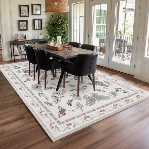 Washable Area Rug 8'x10', Non Slip Washable Rug for Living Room, Animal Butterfly Print Indoor Soft Carpet for Bedroom, Dining Room