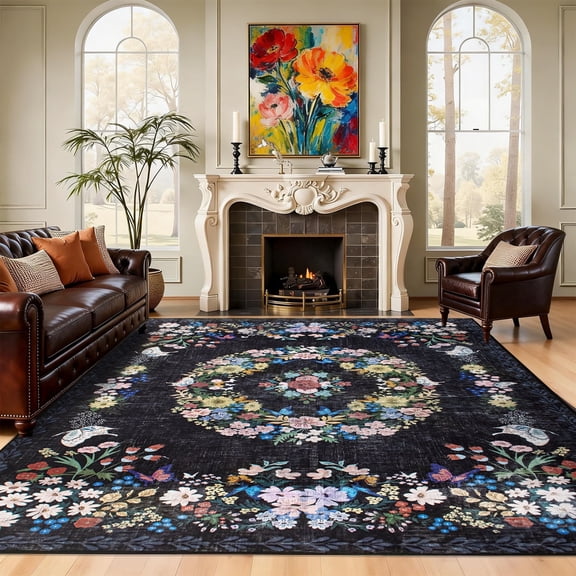 Washable Area Rug 8'x10', Soft Floral Bedroom Rug, Bohemian Non-slip Living Room Rug