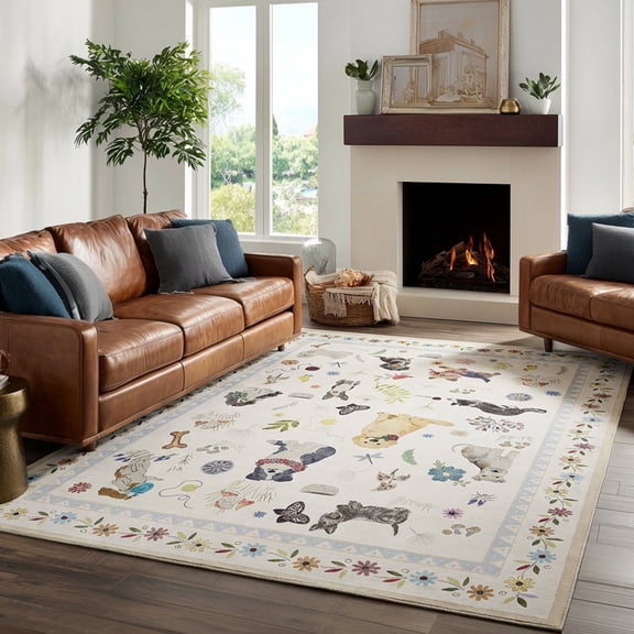 Washable Area Rug 8'x10', Soft Floral Bedroom Rug, Bohemian Non-slip Living Room Rug